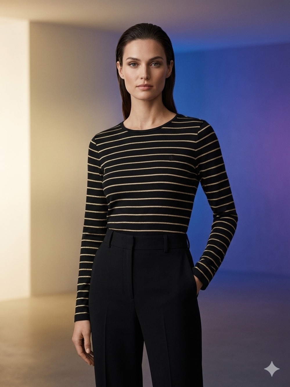 Ralph Lauren Black Long-Sleeve Stripe Crewneck with Gold Accent